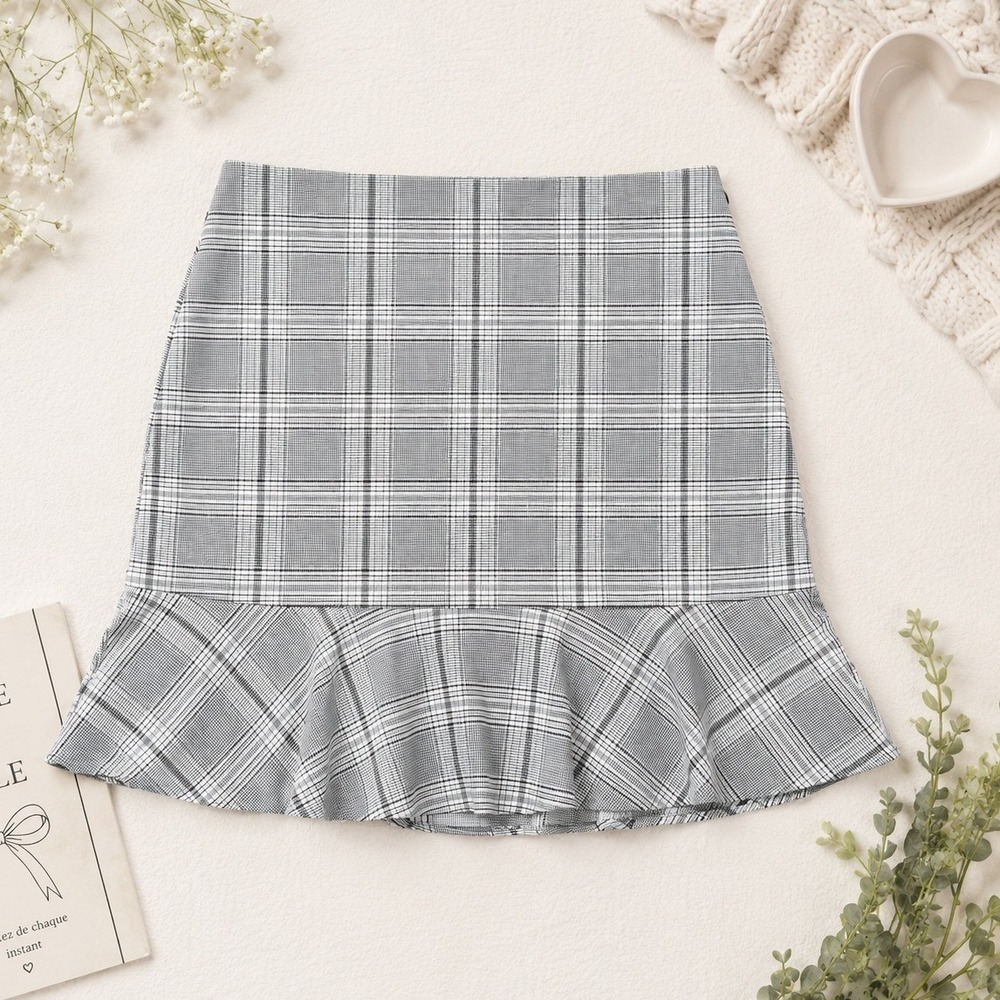 LOFT gray Plaid Flounce Ruffle Hem Mini Skirt Size 4 Professional Preppy Y2K‎